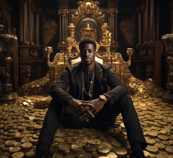 a man sitting on a huge pile of gold coins in front of a gold throne